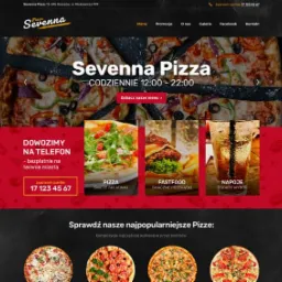 Strona internetowa pizzerii Sevenna Pizza z Rzeszowa, prezentująca menu, godziny otwarcia i możliwość zamówienia telefonicznego, z akcentem na świeże składniki i bogaty wybór napojów.