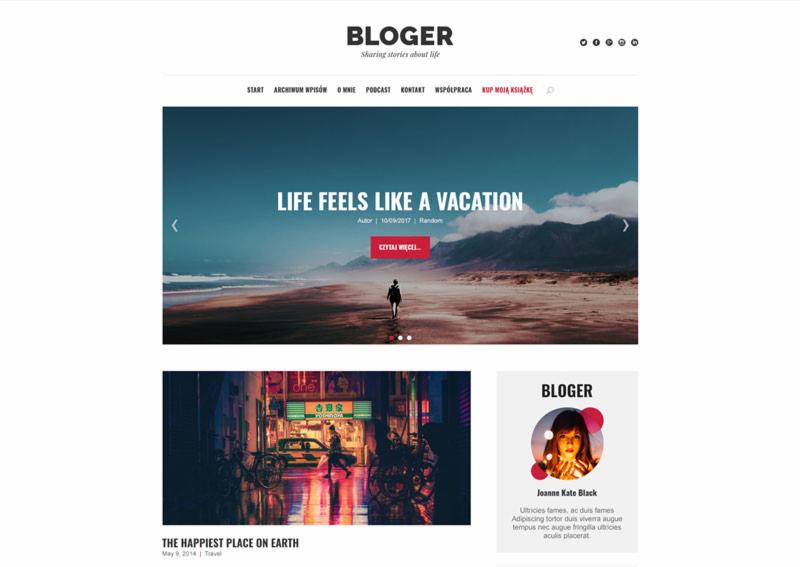 Projekt strony internetowej bloga podróżniczego z nagłówkiem 'Life Feels Like a Vacation' i zdjęciem osoby idącej plażą oraz postem 'The Happiest Place on Earth' z nocnym ujęciem azjatyckiej ulicy.