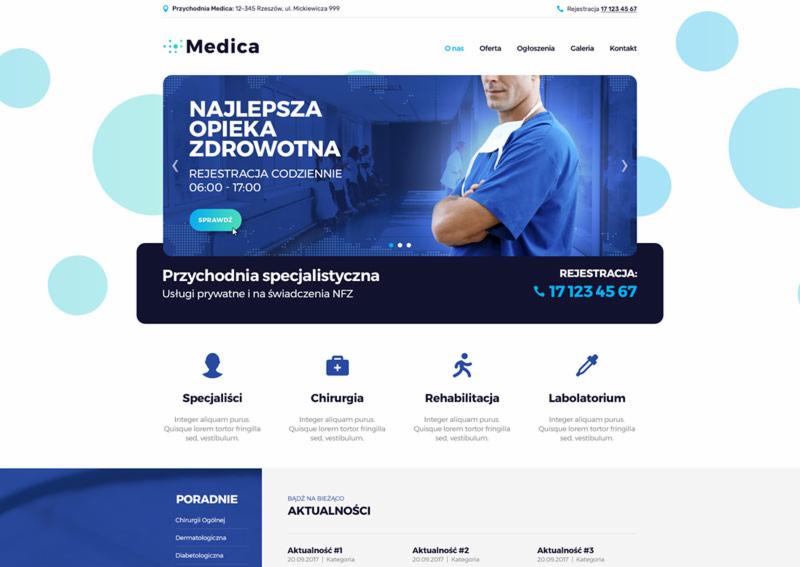 Strona internetowa przychodni Medica z ofertą specjalistycznej opieki zdrowotnej, rejestracją telefoniczną i informacjami o specjalistach, chirurgii, rehabilitacji i laboratorium.