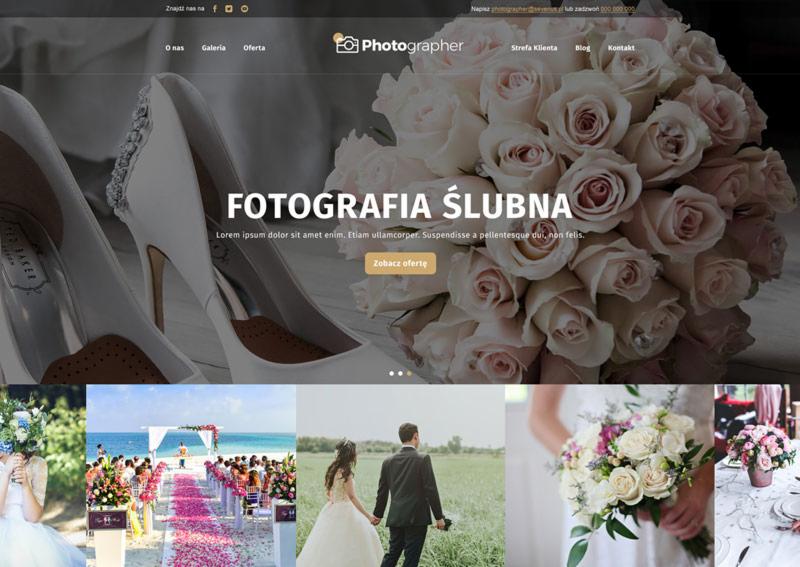 Strona internetowa fotografa ślubnego z motywem kwiatowym, prezentująca bukiet róż i białe buty ślubne Ted Baker, z miniaturami zdjęć ślubnych na dole.