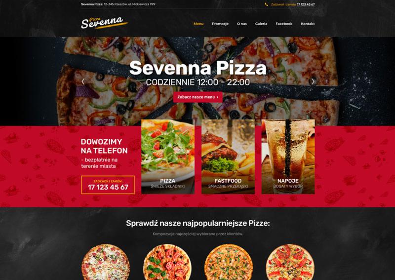 Strona internetowa pizzerii Sevenna Pizza z Rzeszowa, prezentująca menu, godziny otwarcia i możliwość zamówienia telefonicznego, z akcentem na świeże składniki i bogaty wybór napojów.