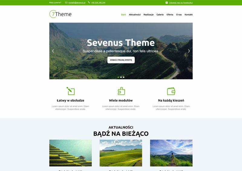 Strona internetowa z nagłówkiem 'Sevenus Theme' i krajobrazem górskim w tle, prezentująca moduły i aktualności z wykorzystaniem minimalistycznej grafiki w odcieniach zieleni.
