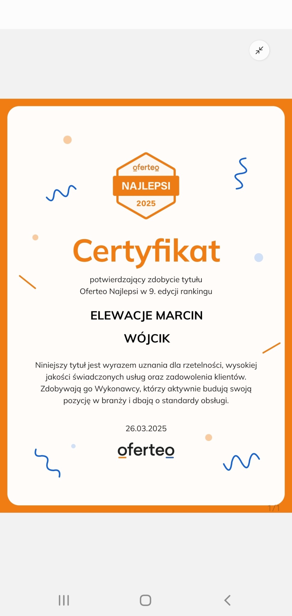 Certyfikat Oferteo Najlepsi 2025 dla ELEWACJE Marcin Wójcik za rzetelność i wysoką jakość usług w 9. edycji rankingu. Pomarańczowa ramka, niebieskie detale graficzne.