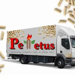 Ciężarówka z logo firmy dostarczającej pellet, obok rozsypane brykiety pelletu.