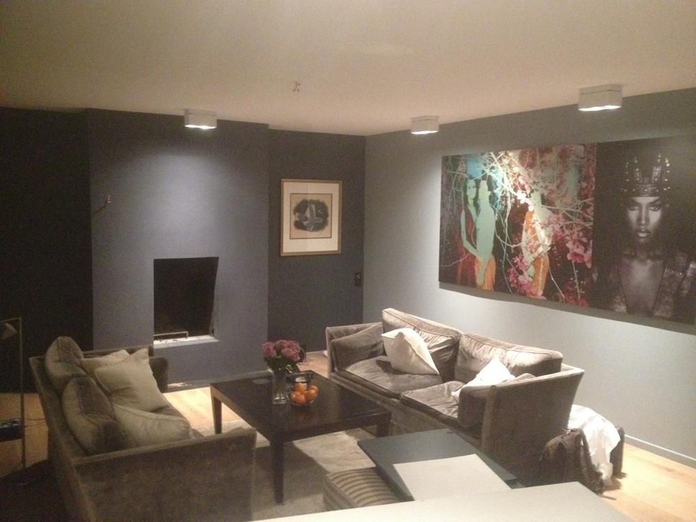 Nowoczesny salon w odcieniach szarości z ciemną ścianą z wnęką na kominek, drewnianą podłogą i dużymi obrazami na ścianie, oświetlony kwadratowymi lampami sufitowymi.