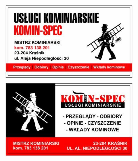 Dwie wersje wizytówki firmy oferującej usługi związane z czyszczeniem i przeglądami kominów, z sylwetką osoby w cylindrze niosącej drabinę i szczotkę kominiarską.