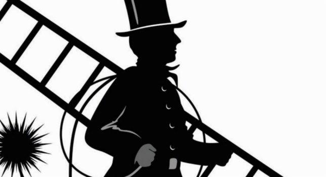 Czarno-biała sylwetka osoby w cylindrze, niosącej drabinę i szczotkę do czyszczenia komina.