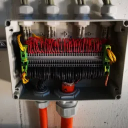 Detal skrzynki elektrycznej z precyzyjnie ułożonymi przewodami czerwonymi i czarnymi, widoczne złącza kablowe i oznaczenia na przewodach.