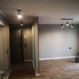 Usługi Elektryczno Budowlane Leszek Drewczyński - Nowoczesne wnętrze po remoncie: szare ściany, drewnopodobna podłoga, minimalistyczne oświetlenie i widok na przedpokój z drzwiami wejściowymi.