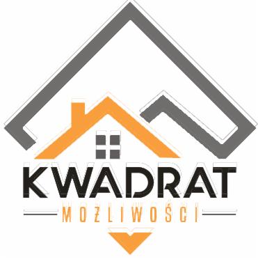 Graficzne logo firmy budowlanej Kwadrat Możliwości z motywem dachu w kolorach szarym i pomarańczowym.