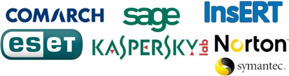 Logotypy firm z branży IT, w tym Comarch, Sage, Insert, Eset, Kaspersky, Norton i Symantec, na białym tle.