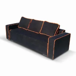 Czarna sofa z pomarańczowymi lamówkami na białym tle, trzy poduszki o identycznym wykończeniu, minimalistyczny design.