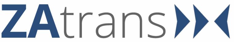 Logo firmy transportowej ZAtrans z granatowym 'ZA' i dwoma granatowymi strzałkami skierowanymi na zewnątrz, połączonymi szarą nazwą 'trans'.
