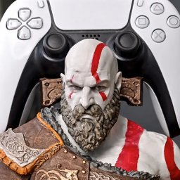 GALOPI - Szczegółowa miniatura postaci Kratos z gry God of War, z charakterystycznymi czerwonymi tatuażami i brodą, na tle białego kontrolera PlayStation 5. Widoczne detale skórzanej zbroi.