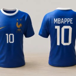 GALOPI - Miniaturowa, 3D drukowana koszulka reprezentacji Francji (Mbappe, nr 10) z widocznymi warstwami druku. Złote logo Nike i kogut FFF. Ujęcie przodu i tyłu na jasnym tle.