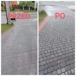 Porównanie stanu kostki brukowej PRZED czyszczeniem, z widocznym brudem i PO czyszczeniu, z wyraźnie odświeżonym kolorem i usuniętymi zabrudzeniami. Na części 'przed' widoczny czarny pies.