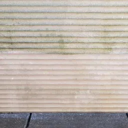 Fragment elewacji z poziomymi żłobieniami, dolna część oczyszczona, górna pokryta zielonym nalotem, widoczna różnica w kolorze przed i po czyszczeniu.