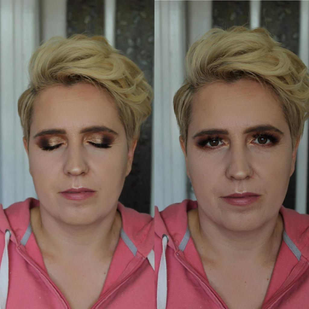 Prezentacja makijażu w Aleksandrowie: po lewej oko zamknięte, ukazujące brokatowe cienie w odcieniach brązu i złota, po prawej oko otwarte, prezentujące efekt końcowy makijażu.