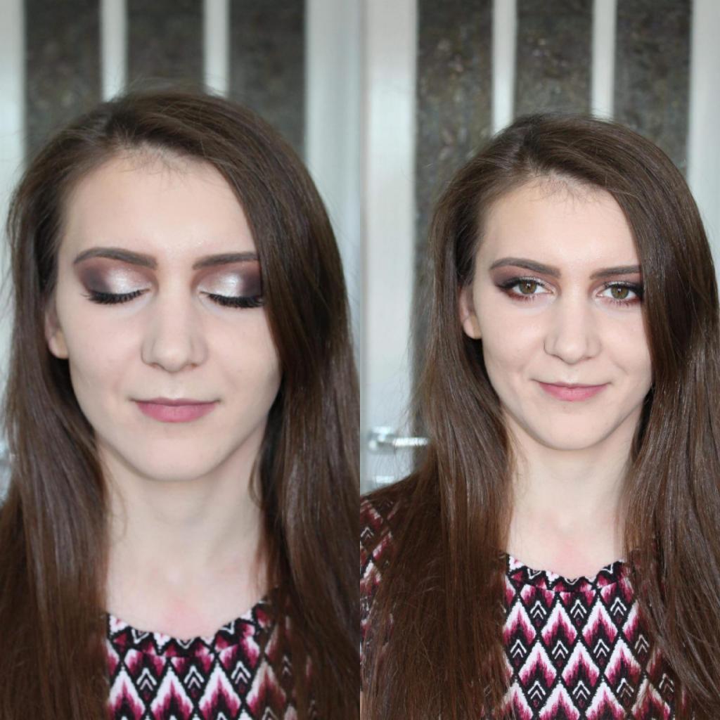Portret kobiety przed i po wykonaniu makijażu oczu z użyciem brązowych cieni i rozświetlacza w wewnętrznym kąciku oka. Po lewej zamknięte oczy, po prawej uśmiech i otwarte oczy.