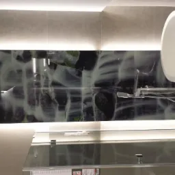 Nowoczesna łazienka w Nowym Targu z białą wanną wolnostojącą, szklaną kabiną prysznicową i panelem ściennym z motywem wodospadu, podświetlona listwami LED.