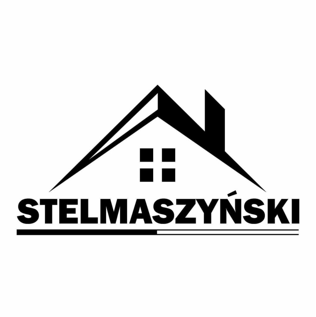 Czarno-białe logo firmy dekarskiej z abstrakcyjnym symbolem dachu i nazwą 'STELMASZYŃSKI' poniżej.