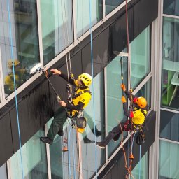 LT Labocatech Usługi wysokościowe, usługi alpinistyczne - Dwóch alpinistów w żółtych kombinezonach czyści okna biurowca, używając specjalistycznego sprzętu i lin. Widoczne odbicie jednego z nich w oknie.