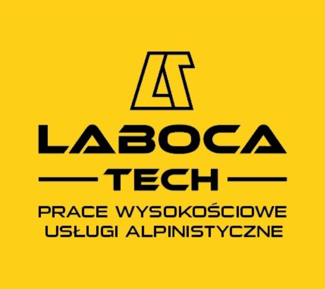 Żółte tło z czarnym logo Laboca-Tech, oferującej prace wysokościowe i usługi alpinistyczne. Minimalistyczny design z wyraźnym napisem i symbolem graficznym.