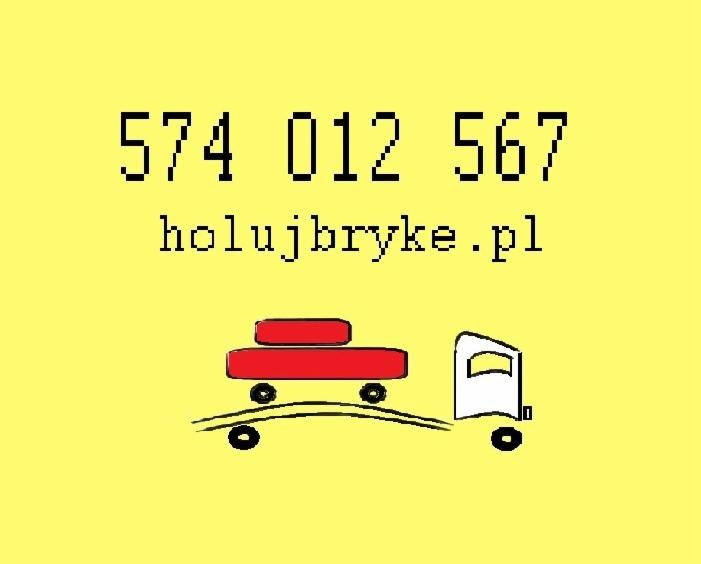 Grafika wektorowa przedstawiająca lawetę z czerwonym ładunkiem na żółtym tle, numer telefonu 574 012 567 i adres strony holujbryke.pl