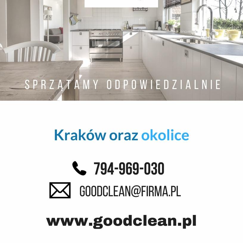 Jasna kuchnia z białymi szafkami i drewnianym stołem, slogan 'Sprzątamy odpowiedzialnie' oraz dane kontaktowe firmy sprzątającej z Krakowa.