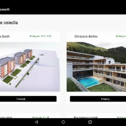 Zrzut ekranu aplikacji mobilnej z listą dostępnych osiedli mieszkaniowych, prezentujący wizualizacje 3D budynków wielorodzinnych w dwóch wariantach: nowoczesne bloki z balkonami i apartamentowiec...