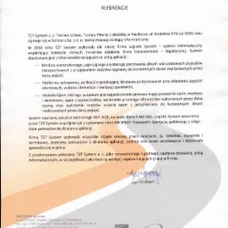 Skan dokumentu referencyjnego od firmy Solidaris dla T2T System, twórcy oprogramowania do zarządzania logistyką i warsztatem, z podpisem prokurenta Jana Groegera i logotypami DEKRA i SQAS.