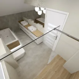 Wizualizacja łazienki z wanną, toaletą, umywalkami nablatowymi i szklaną kabiną prysznicową typu walk-in, widziana z góry.