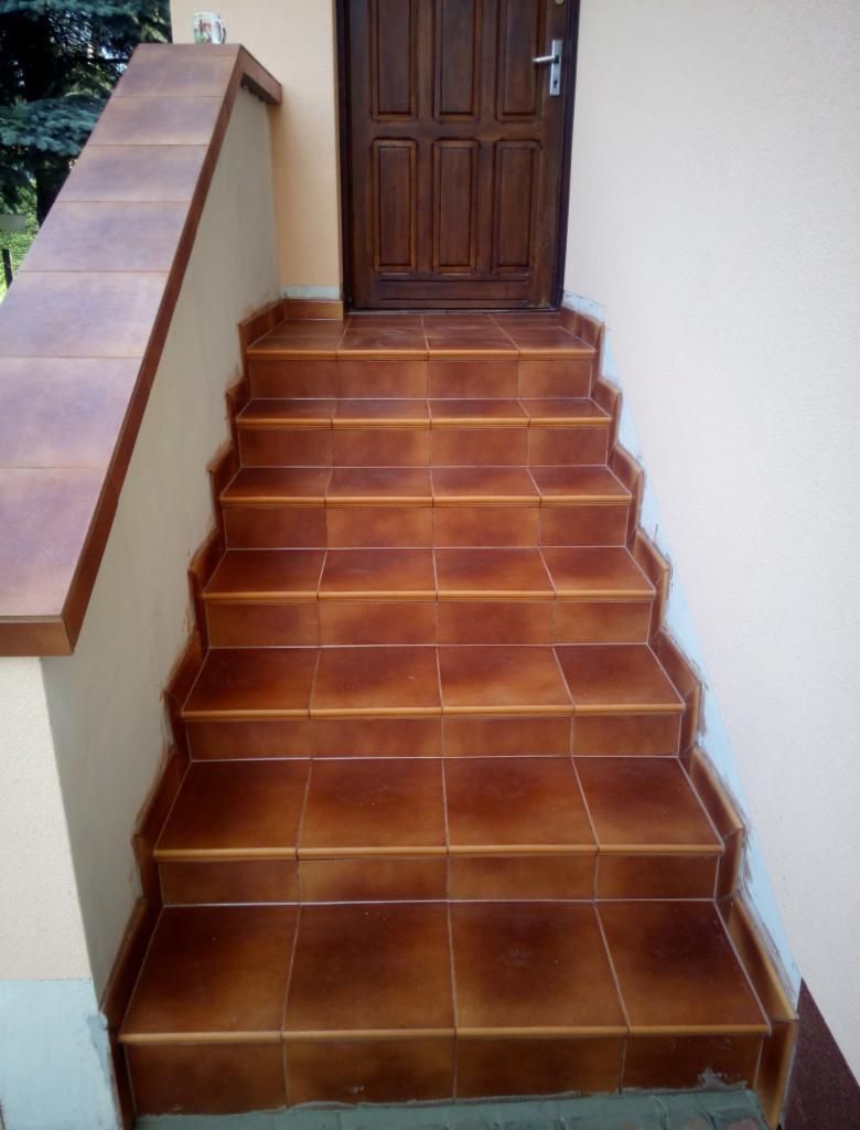 Zewnętrzne schody wejściowe wyłożone brązowymi płytkami ceramicznymi, prowadzące do drewnianych drzwi wejściowych.