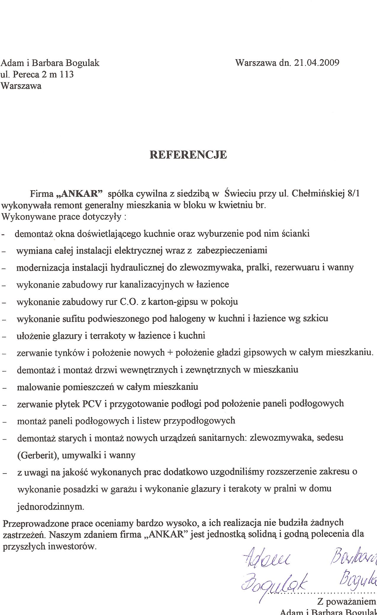 Skan referencji dla firmy ANKAR s.c. z listą wykonanych prac remontowych w mieszkaniu, w tym glazura, terakota, instalacje i malowanie.