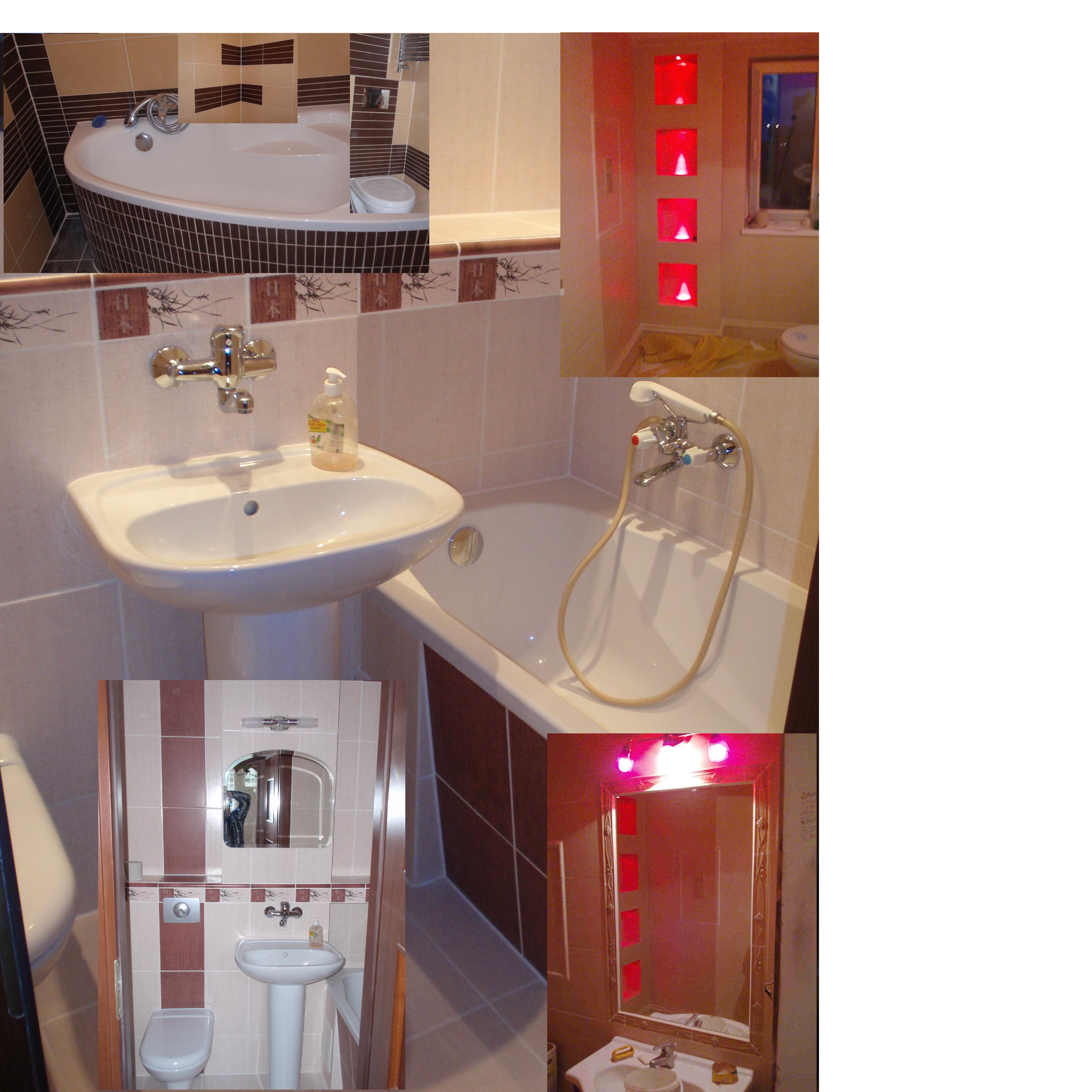 Kompozycja zdjęć przedstawiająca elementy wyposażenia łazienki: umywalkę na postumencie, wannę z brązowymi płytkami, toaletę oraz lustro z czerwonym oświetleniem w tle, całość utrzymana...