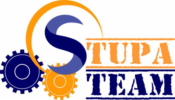 Logo firmy z stylizowaną literą S, dwoma kołami zębatymi (niebieskim i pomarańczowym) oraz napisem 'STUPA TEAM' w kolorach pomarańczowym i niebieskim.