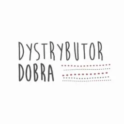 Logo firmy z napisem 'DYSTRYBUTOR DOBRA' w odręcznym stylu, z poziomymi liniami kropek w kolorze bordowym po prawej stronie napisu.