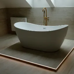 Nowoczesna, wolnostojąca wanna z złotą armaturą, oświetleniem LED pod platformą i oknami dachowymi, w wykończonej łazience w beżowych tonacjach.