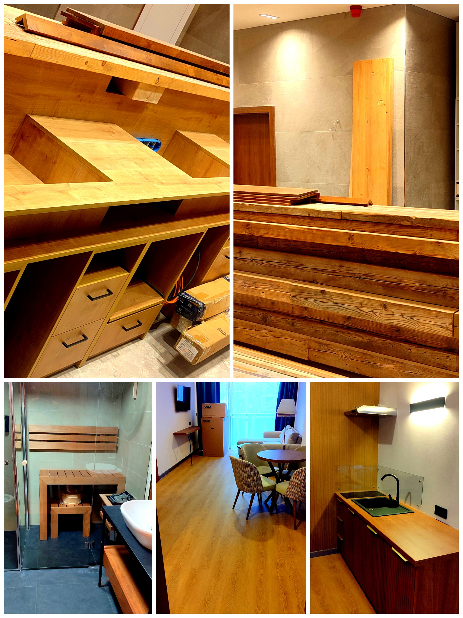 Kompozycja zdjęć przedstawiająca elementy wykończenia wnętrz: fragmenty drewnianych mebli w trakcie montażu, ułożone deski, łazienka z drewnianymi akcentami, pokój dzienny z podłogą laminowaną...