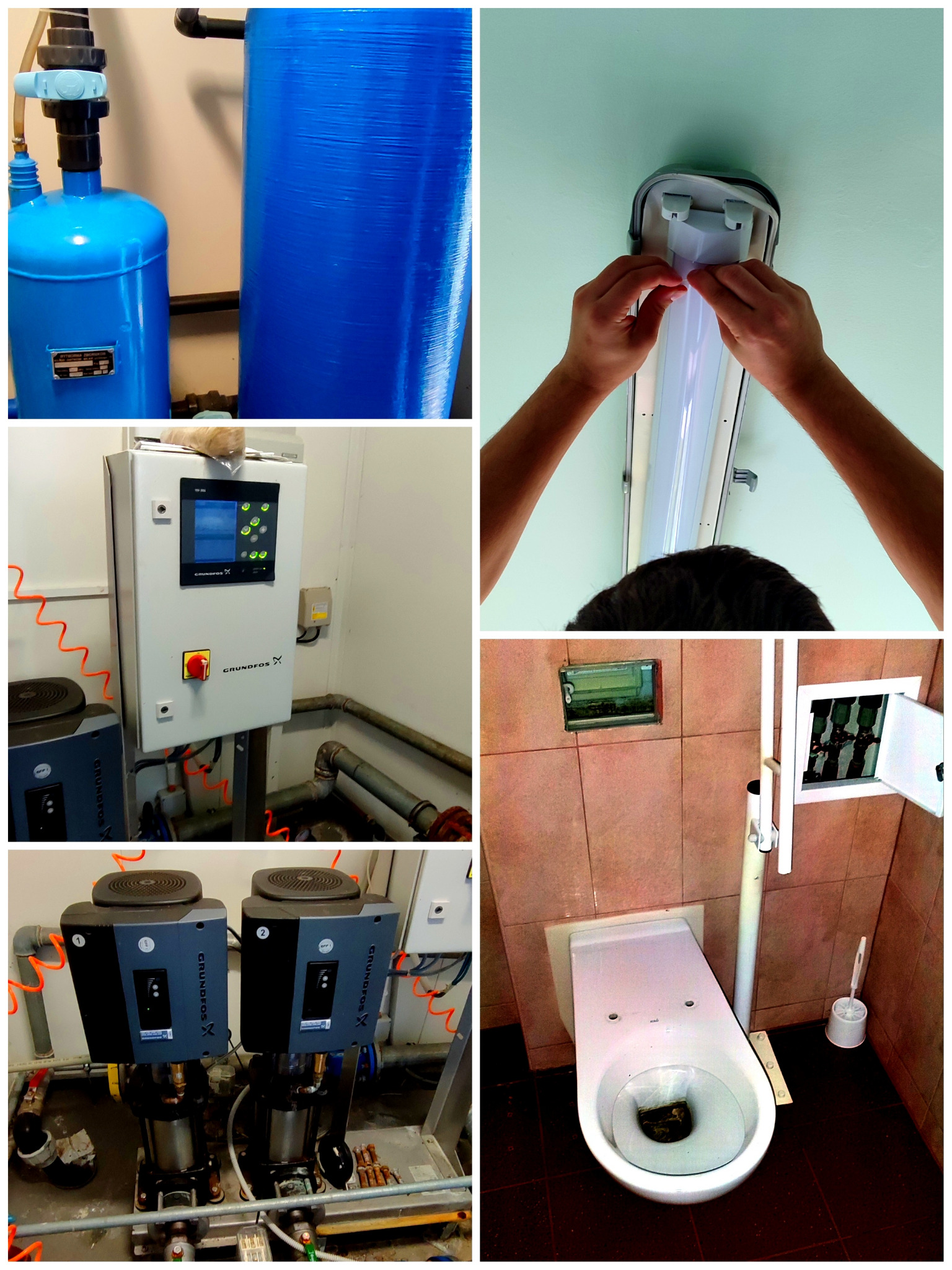 Zestawienie zdjęć: niebieskie zbiorniki ciśnieniowe, wymiana świetlówki w oprawie, szafa sterownicza Grundfos, bliźniacze pompy obiegowe i toaleta z otwartą klapą.