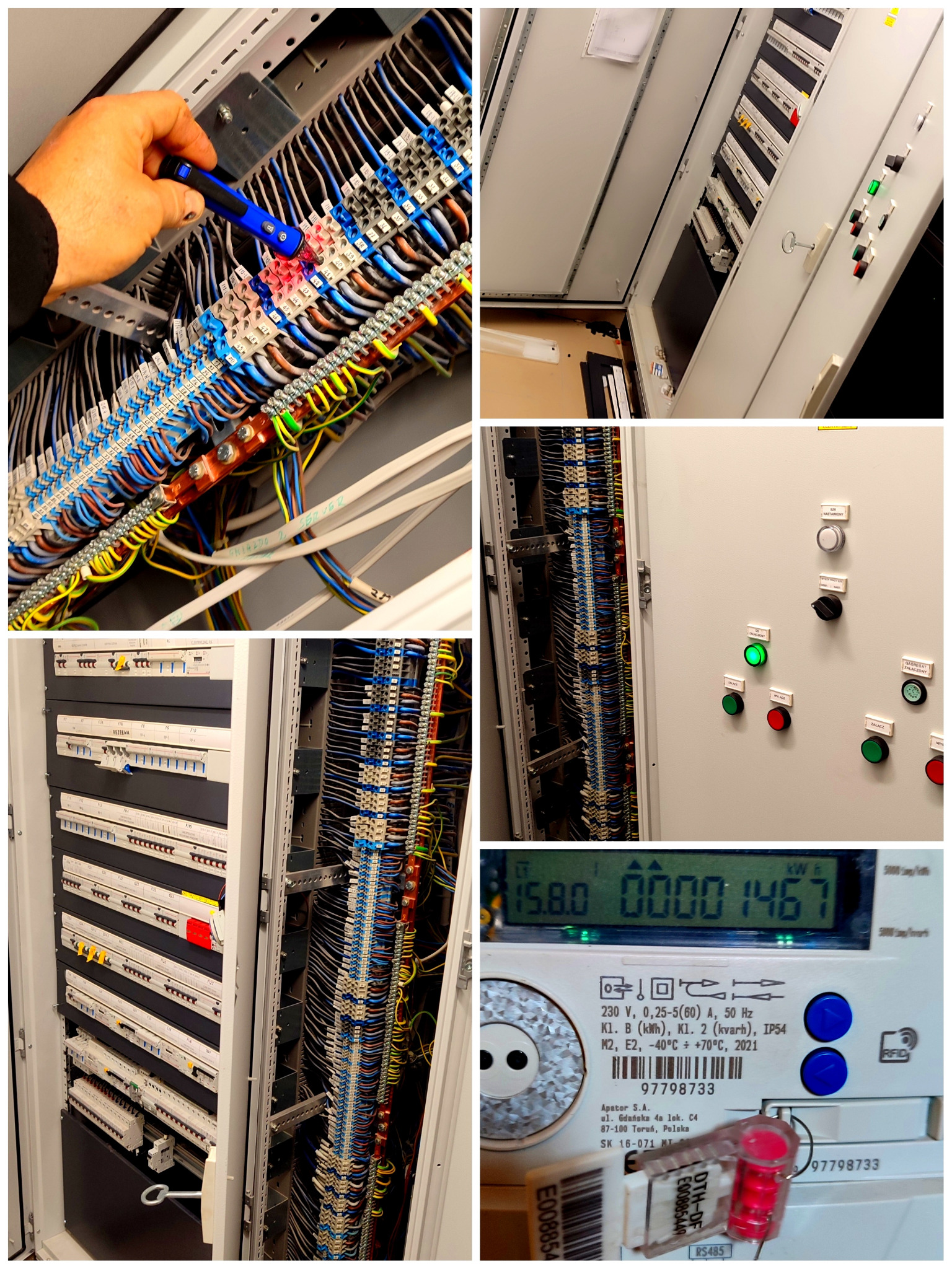 Rozdzielnica elektryczna z okablowaniem, bezpiecznikami i licznikiem, elektryk sprawdza napięcie w obwodzie za pomocą próbnika.