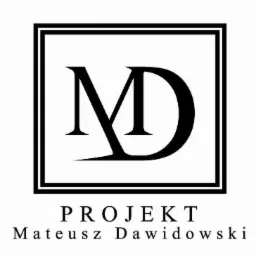 Eleganckie logo firmy projektowej: litery 'MD' w kwadracie, poniżej napis 'PROJEKT Mateusz Dawidowski', czarno-biała grafika.