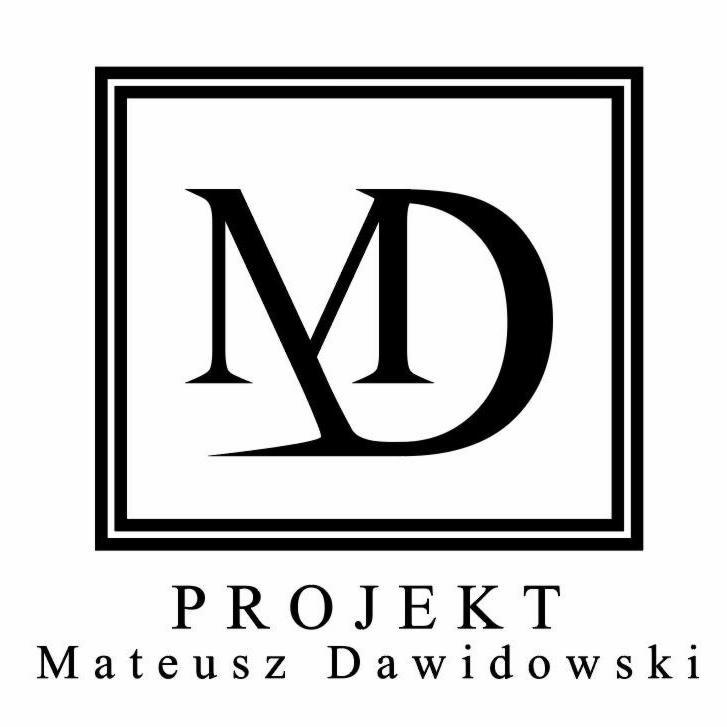 Eleganckie logo firmy projektowej: litery 'MD' w kwadracie, poniżej napis 'PROJEKT Mateusz Dawidowski', czarno-biała grafika.