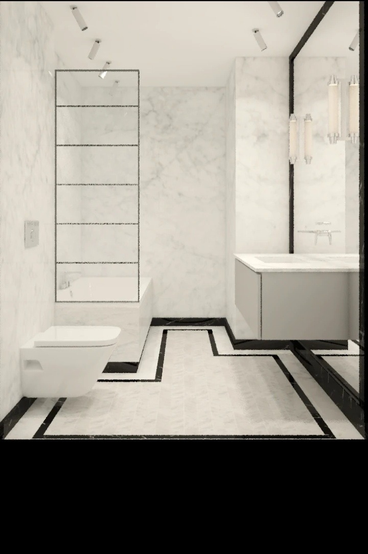 Wizualizacja łazienki z marmurowymi ścianami, podwieszaną toaletą, szklaną kabiną prysznicową z czarnymi ramami i szafką pod umywalką w jasnym odcieniu szarości.