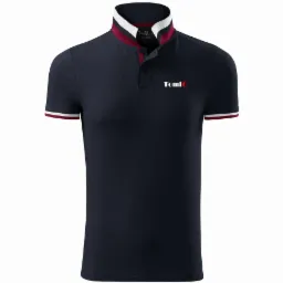 Granatowa koszulka polo z białym i bordowym wykończeniem kołnierzyka i rękawów oraz białym logo 'TomiQ' na piersi.