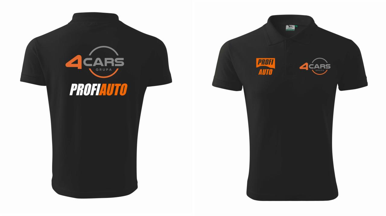 Dwa czarne polo z nadrukowanymi logo firm: '4CARS Grupa' (pomarańczowe logo po lewej stronie) oraz 'PROFI AUTO' (pomarańczowe logo po prawej stronie).