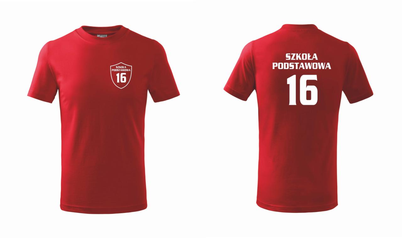 Czerwona koszulka z nadrukiem logo szkoły podstawowej nr 16, widok z przodu i z tyłu na białym tle.
