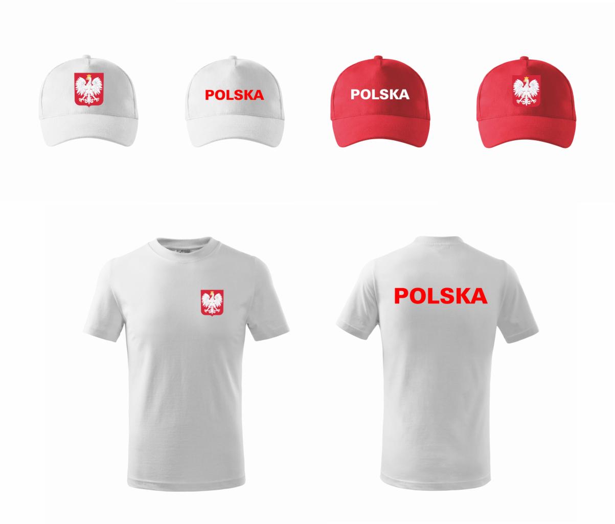 Białe i czerwone czapki oraz koszulki z nadrukiem orła i napisem 'POLSKA', prezentacja przodu i tyłu koszulki.