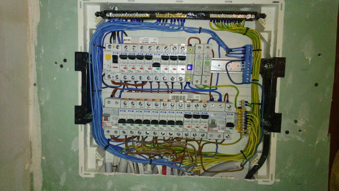 Rozdzielnica elektryczna z zabezpieczeniami różnicowoprądowymi i nadprądowymi, widoczne niebieskie i żółto-zielone przewody, montaż w surowym pomieszczeniu z widocznymi śladami po wierceniu.