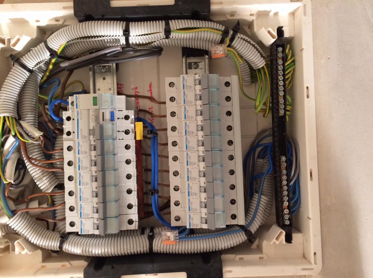 Otwarta skrzynka rozdzielcza z zamontowanymi bezpiecznikami Hager, przewodami w peszlach i listwą zaciskową, widoczne złącza WAGO i napisy na ścianie.